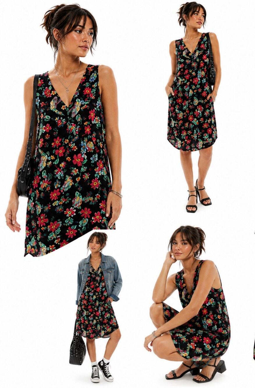 NWT Boho Resort Tropical Old Navy V-Neck Shift Dress Size M Floral Bird Print